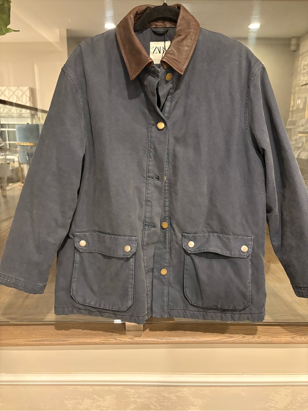 ZARA Women’s Navy Barn Coat Jacket with Leather Brown Collar